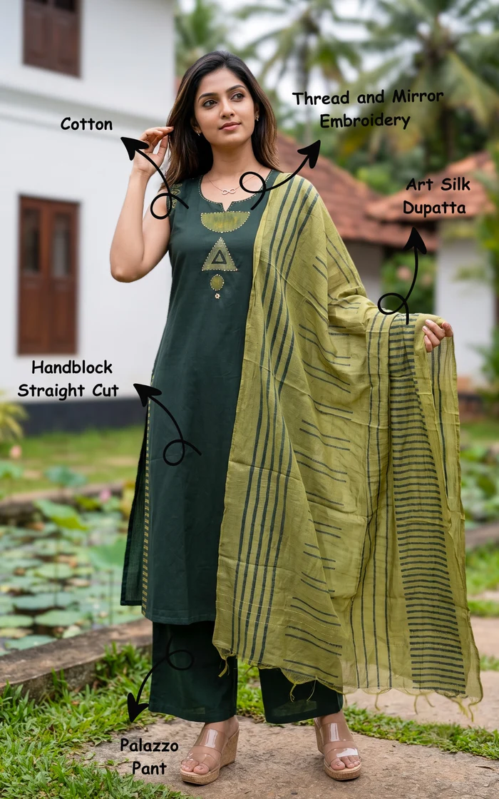 Bottle Green Handblock Straight Cut Kurti with Thread and Mirror Embroidery